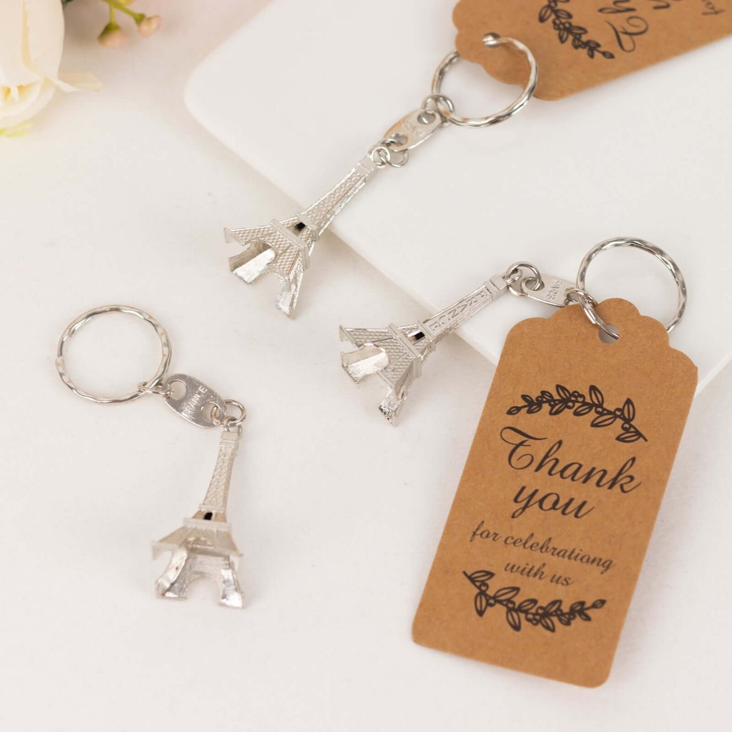 10 Pack Silver Plastic Paris Eiffel Tower Keychain Wedding Favors, 4" Bridal Shower Party Souvenirs With Thank You Tag