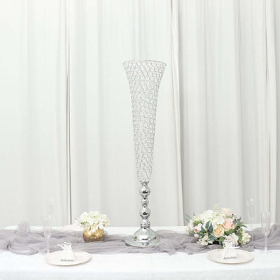 2-Pack Crystal Beaded Trumpet Vase Set Silver - Table Centerpiece for Grand Occasions 40"