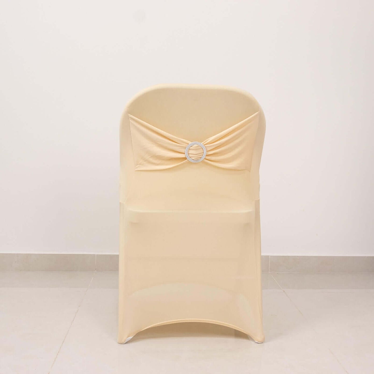 Stretch Spandex Chair Cover Beige for Folding Chairs - Secure Fit Slipcover with Silver Rhinestone Buckled Sash Band
