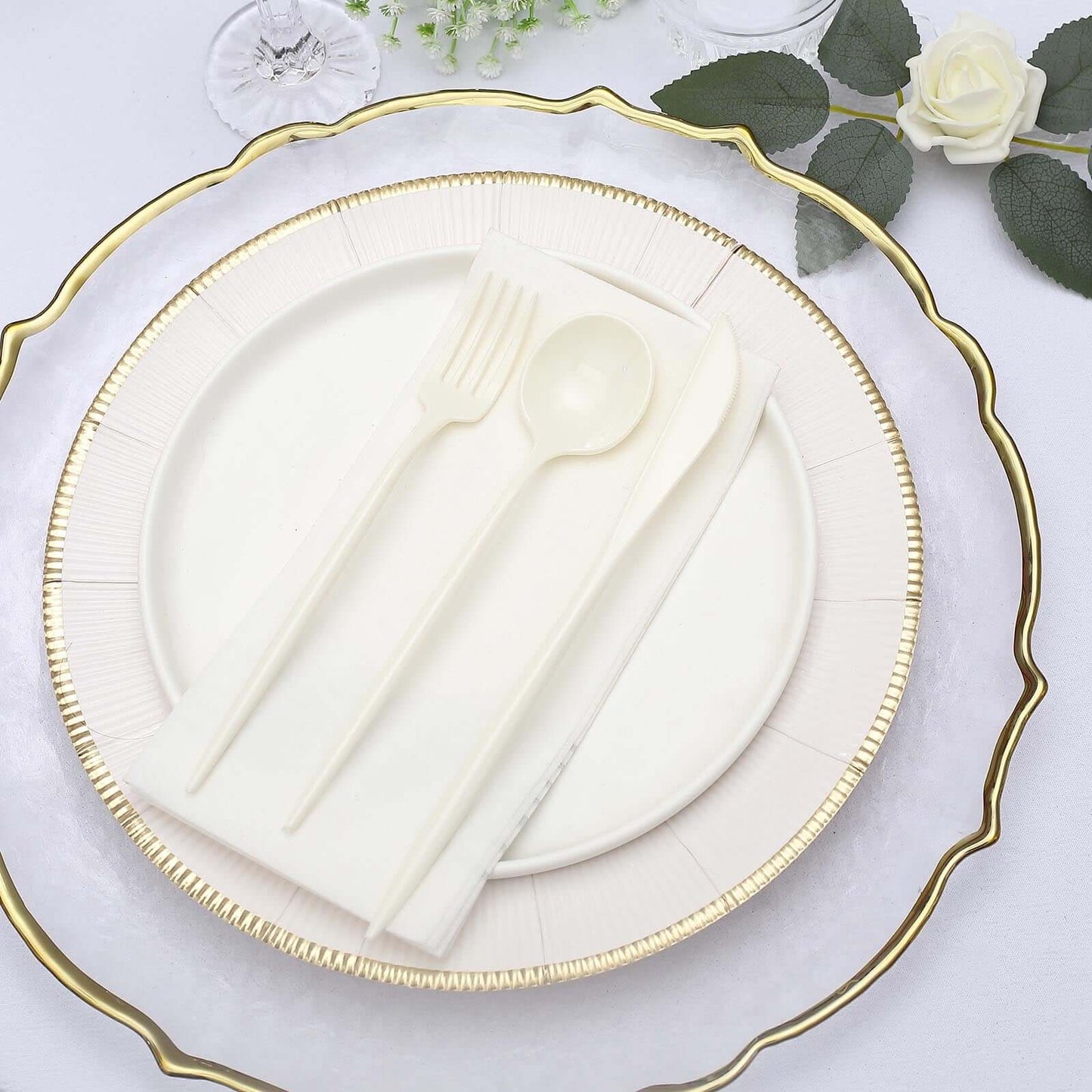 50-Pack Plastic Utensil Set Ivory - Premium Disposable Heavy Duty Sleek Flatware