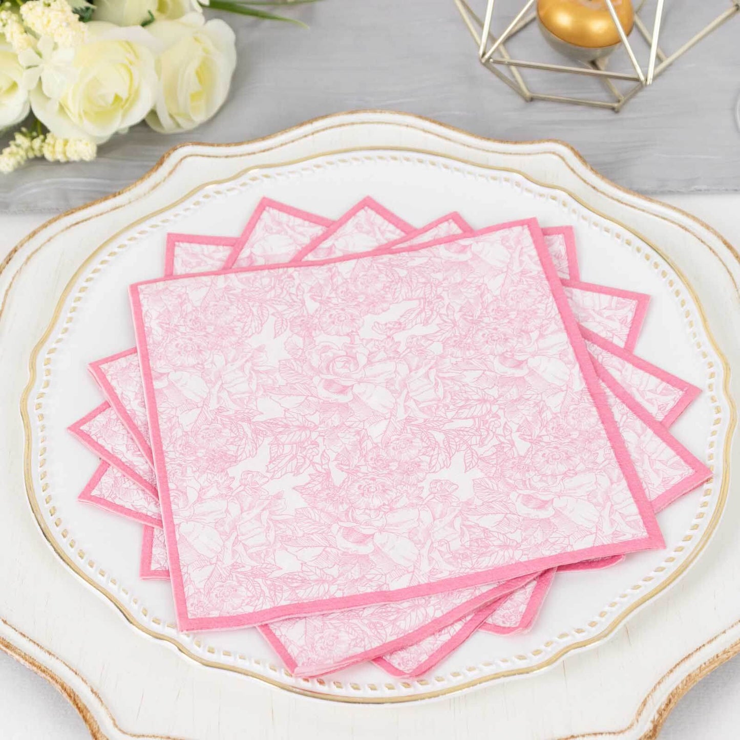 25-Pack Paper Cocktail Napkins with French Toile Print White/Pink - Highly Absorbent 2 Ply Disposable Napkins 6.25"x6.25"