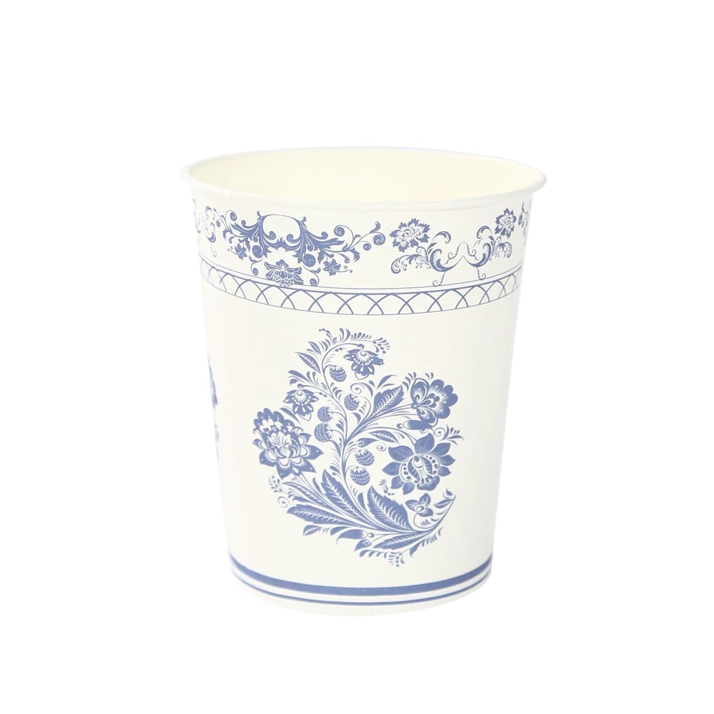 24 Pack Disposable Paper Cups in White Royal Blue Damask Floral Pattern, Elegant Party Cups - 9oz