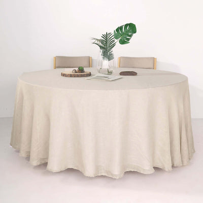 Faux Linen 120" Round Tablecloth Beige - Slubby Texture Wrinkle-Resistant Seamless Table Cover