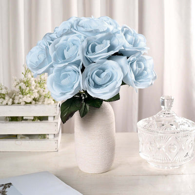 12" Ice Blue Artificial Velvet-Like Fabric Rose Flower Bouquet Bush