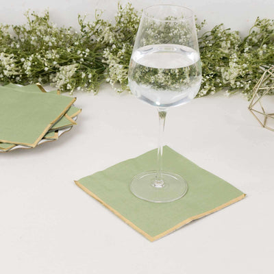 50-Pack Paper Beverage Napkins with Gold Foil Edge Sage Green - Disposable 2 Ply Cocktail Napkins for Events 6.5"x6.5"