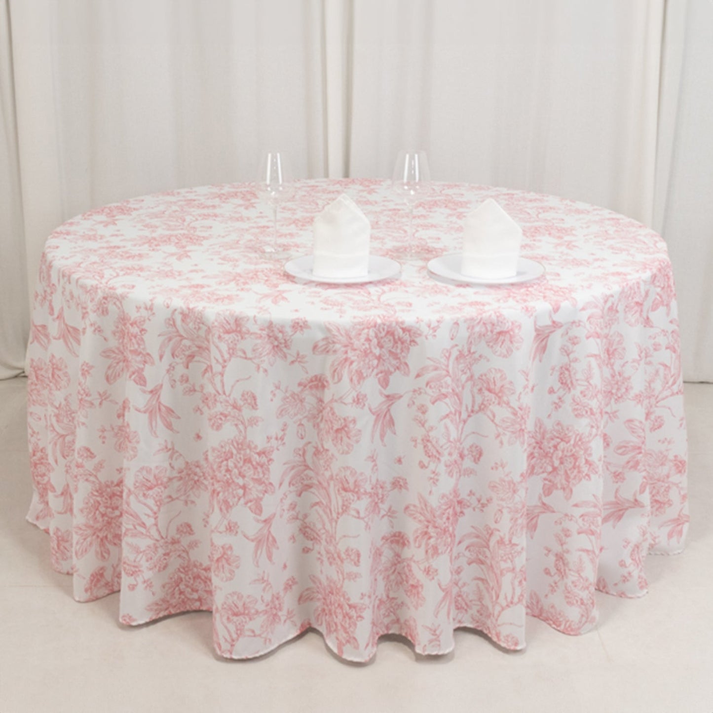 Polyester 120" Round Tablecloth White - Pink French Toile Pattern for Stylish Events