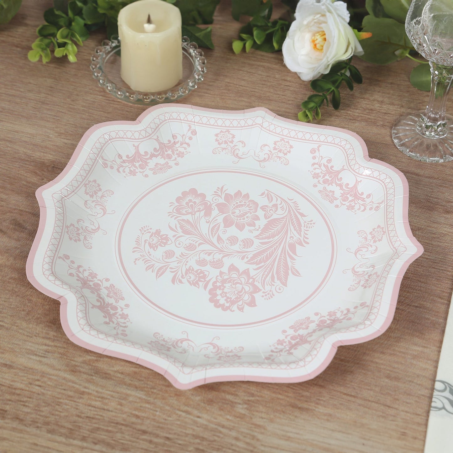 25-Pack Paper Dinner Plates in White Pink Damask Floral Pattern & Scallop Rim - Stylish Disposable 300GSM Floral Party Plates 10"