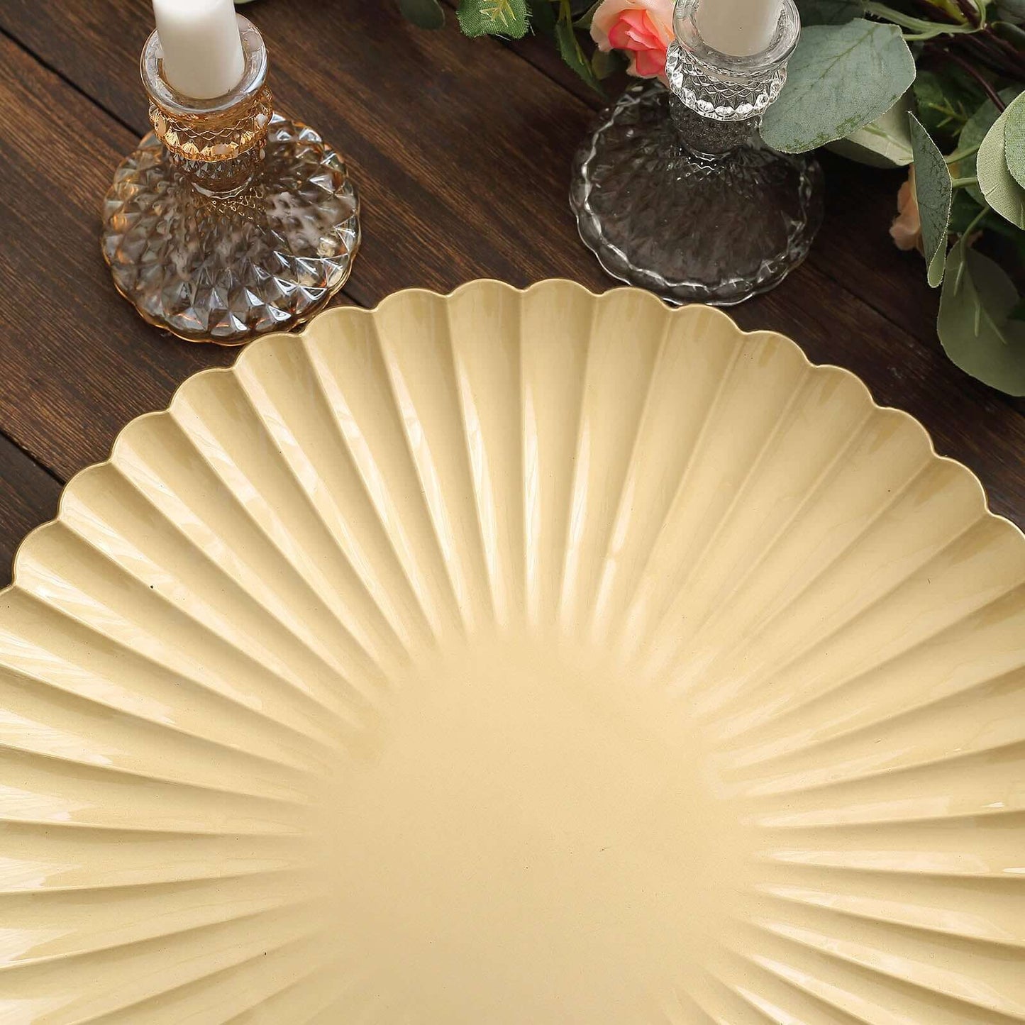 6-Pack Plastic Round Charger Plates 13" in Gold with Scalloped Shell Pattern, Coastal Inspired Disposable Charger Tableware