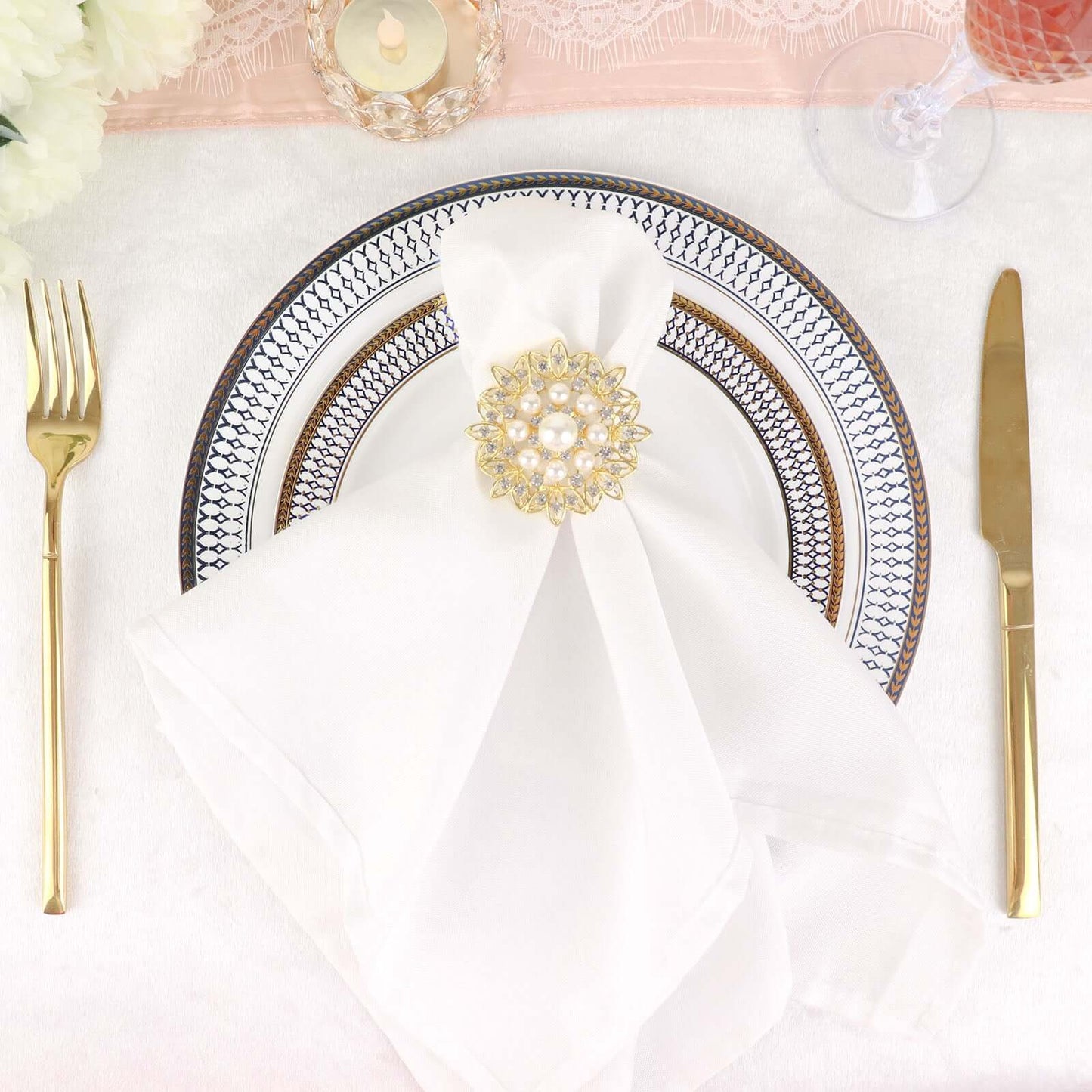 4 Pack Pearl And Diamond Rhinestone Flower Gold Metal Napkin Rings, Decorative Napkin Buckle Holders
