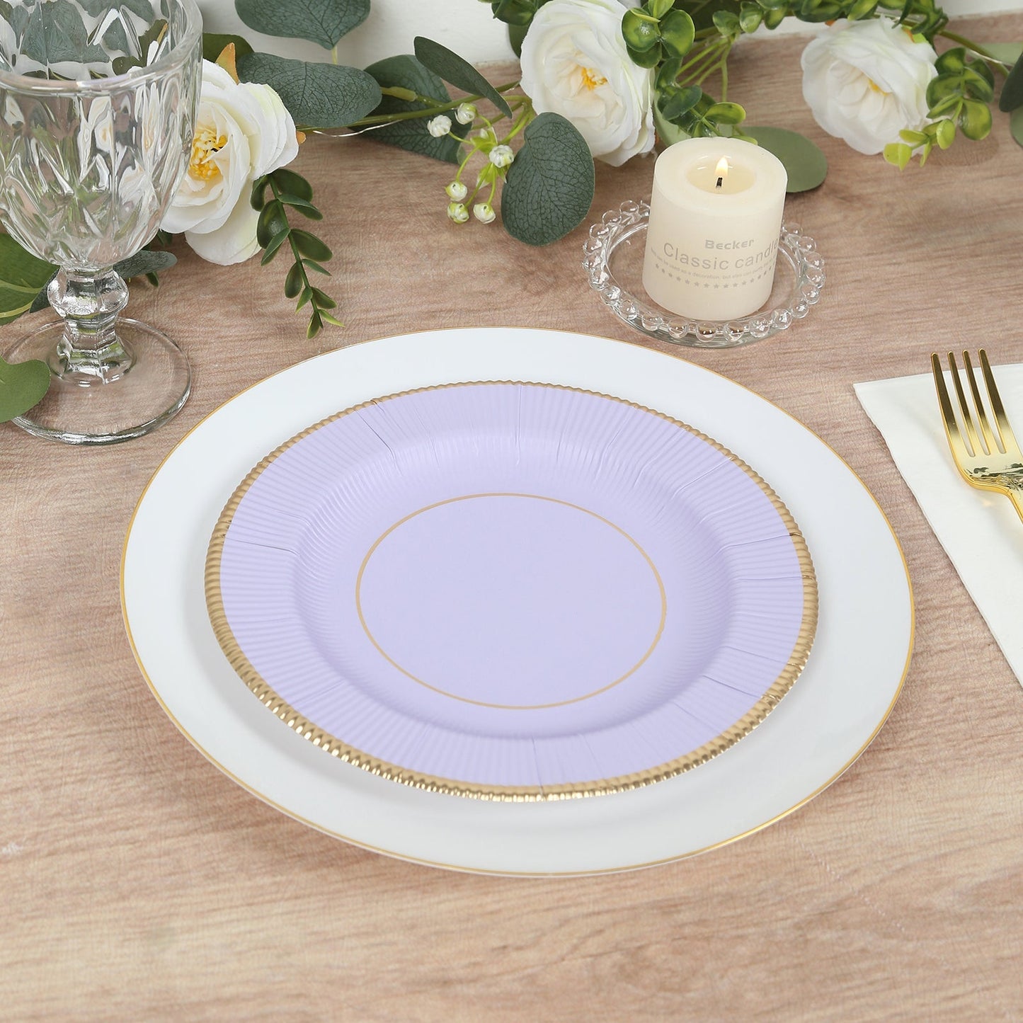 25-Pack Paper 8" Round Dessert Plates in Lavender Lilac Sunray Design with Gold Rim - Disposable Heavy Duty 350GSM Appetizer Salad Plates