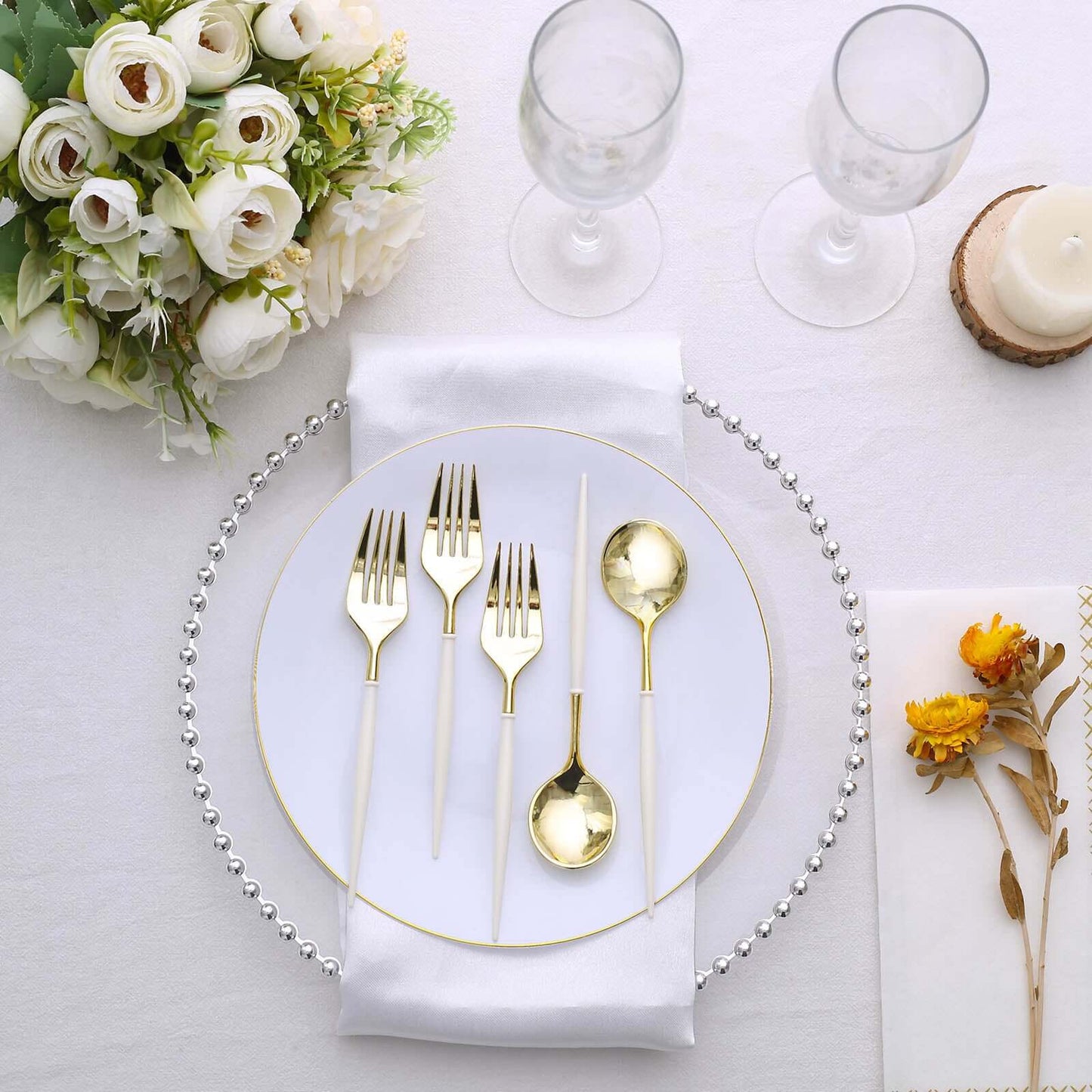 24-Pack Plastic Fork and Spoon Set Gold/Ivory - Heavy Duty Disposable Modern Utensils 6"