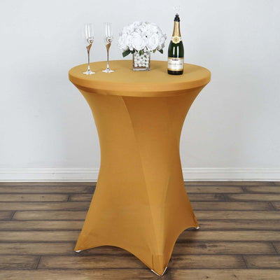 Spandex 30" Round Cocktail Table Cover Gold - Easy to Maintain Stretch Fitted Highboy Tablecloth for Stylish Events - Linen Luxes