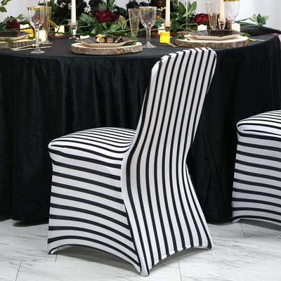 Spandex Chair Cover with Foot Pockets for Banquet Chairs Black/White Striped - Durable Stretch Fitted Slipcover for Weddings & Gatherings - Linen Luxes