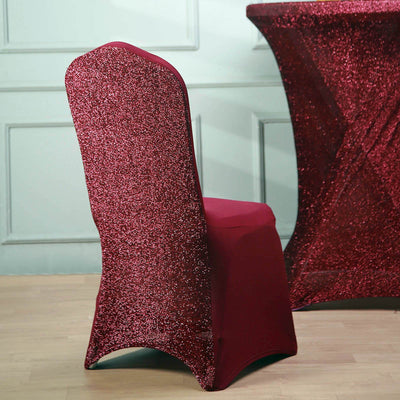 Spandex Chair Cover with Metallic Shimmer Tinsel Back for Banquet Chairs Burgundy - Fitted Slipcover - Linen Luxes