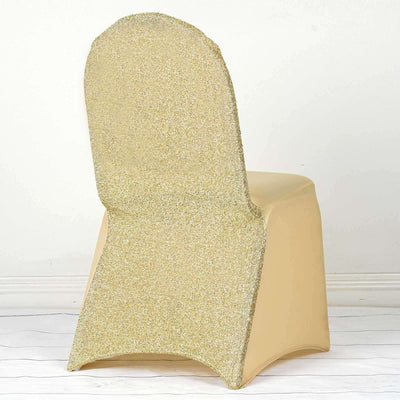 Spandex Chair Cover with Metallic Shimmer Tinsel Back for Banquet Chairs Champagne - Fitted Slipcover - Linen Luxes