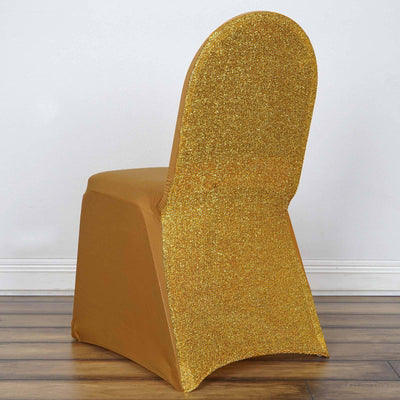 Spandex Chair Cover with Metallic Shimmer Tinsel Back for Banquet Chairs Gold - Luxe Fitted Slipcover for Weddings & Parties - Linen Luxes