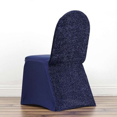 Spandex Chair Cover with Metallic Shimmer Tinsel Back for Banquet Chairs Navy Blue - Fitted Slipcover - Linen Luxes