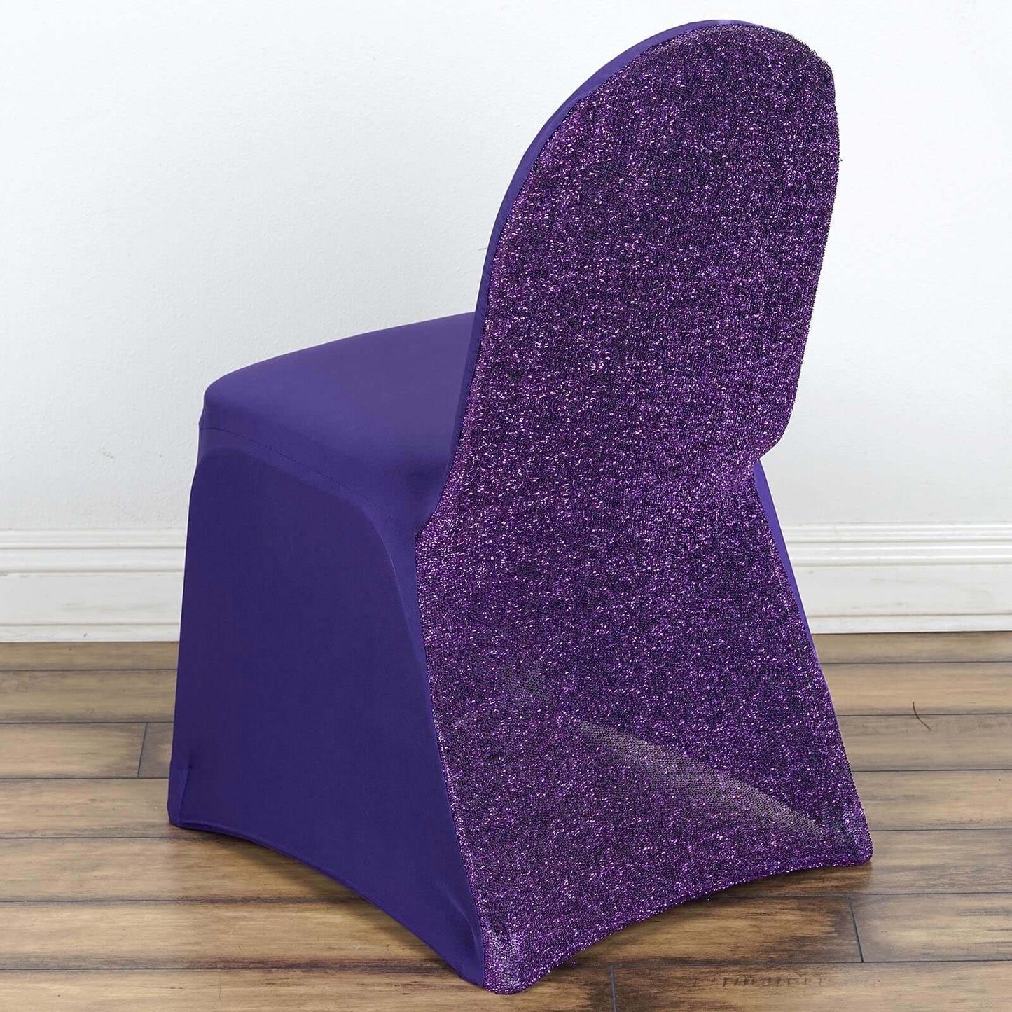 Spandex Chair Cover with Metallic Shimmer Tinsel Back for Banquet Chairs Purple - Fitted Slipcover - Linen Luxes