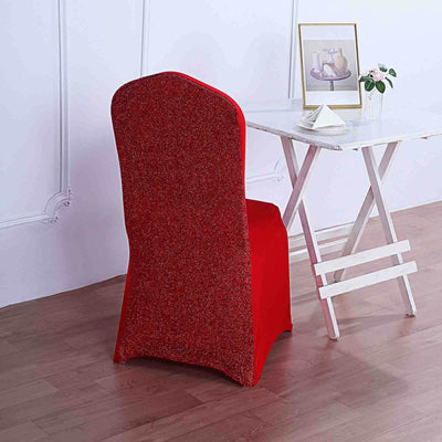 Spandex Chair Cover with Metallic Shimmer Tinsel Back for Banquet Chairs Red - Fitted Slipcover - Linen Luxes
