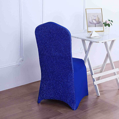 Spandex Chair Cover with Metallic Shimmer Tinsel Back for Banquet Chairs Royal Blue - Fitted Slipcover - Linen Luxes