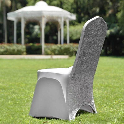 Spandex Chair Cover with Metallic Shimmer Tinsel Back for Banquet Chairs Silver - Fitted Slipcover - Linen Luxes