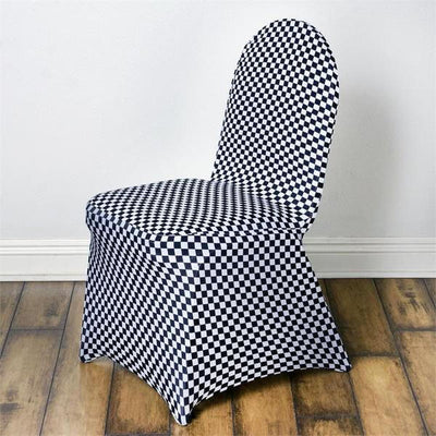 Spandex Chair Covers for Banquet Chairs Black/White Buffalo Plaid - Stylish Fitted Checkered Slipcovers for Weddings & Gatherings - Linen Luxes