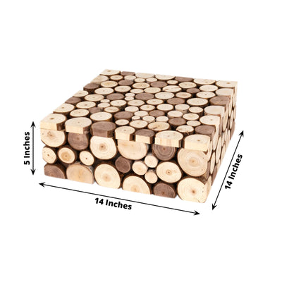 Wooden Cake Stand 14"x14" Square Design Rustic Natural Slices - Farmhouse Display Box Pedestal Riser