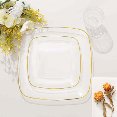 10-Pack Plastic 10" Square Dinner Plates in Clear with Gold Rim - Classy Disposable Lunch Party Plates