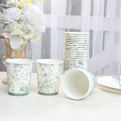 24 Pack Disposable Paper Cups in White Sage Green French Toile Pattern, Elegant Party Cups - 9oz