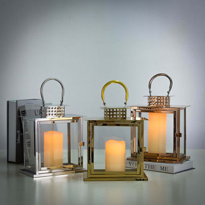 Stainless Steel Candle Lantern Cage Top Design Rose Gold - Outdoor Metal Patio Lantern Centerpiece 10" - Linen Luxes