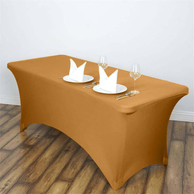 Stretch Spandex 6ft Rectangle Tablecloth Gold - Durable Form - Fitting Table Cover for Events & Presentations - Linen Luxes