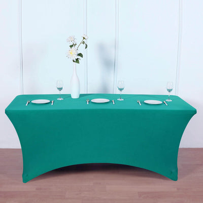 Stretch Spandex 6ft Rectangle Tablecloth Peacock Teal - Durable Form - Fitting Table Cover - Linen Luxes