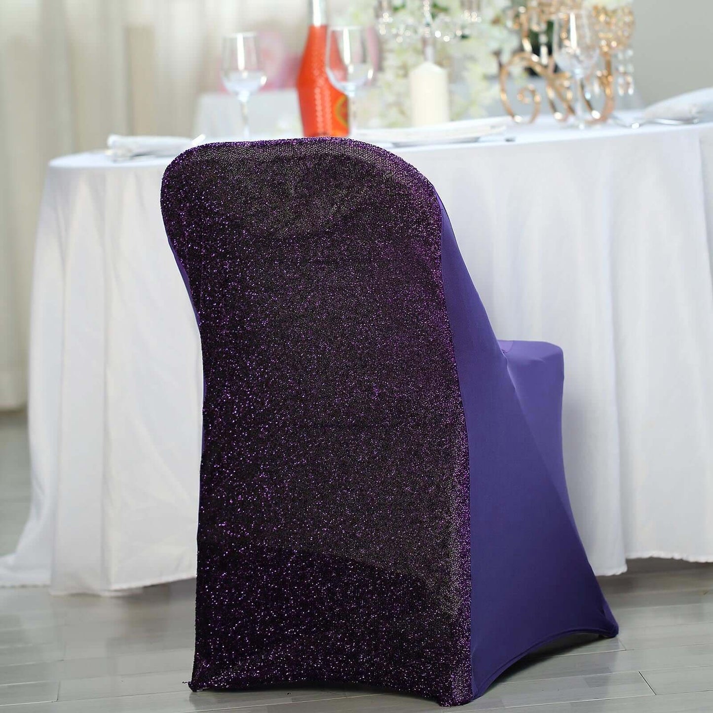 Stretch Spandex Chair Cover Purple for Folding Chairs - Metallic Shimmer Tinsel Back Design Fitted Slipcover - Linen Luxes