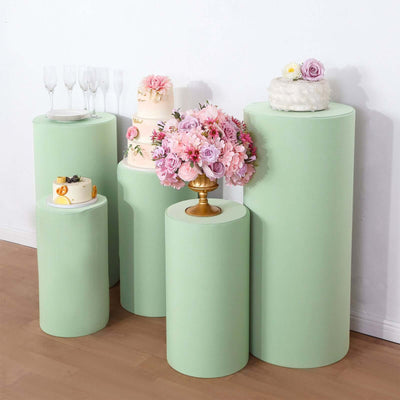 Set of 5 Sage Green Spandex Cylinder Pedestal Stand Covers, Stretchable Pillar Prop Covers - 160 GSM