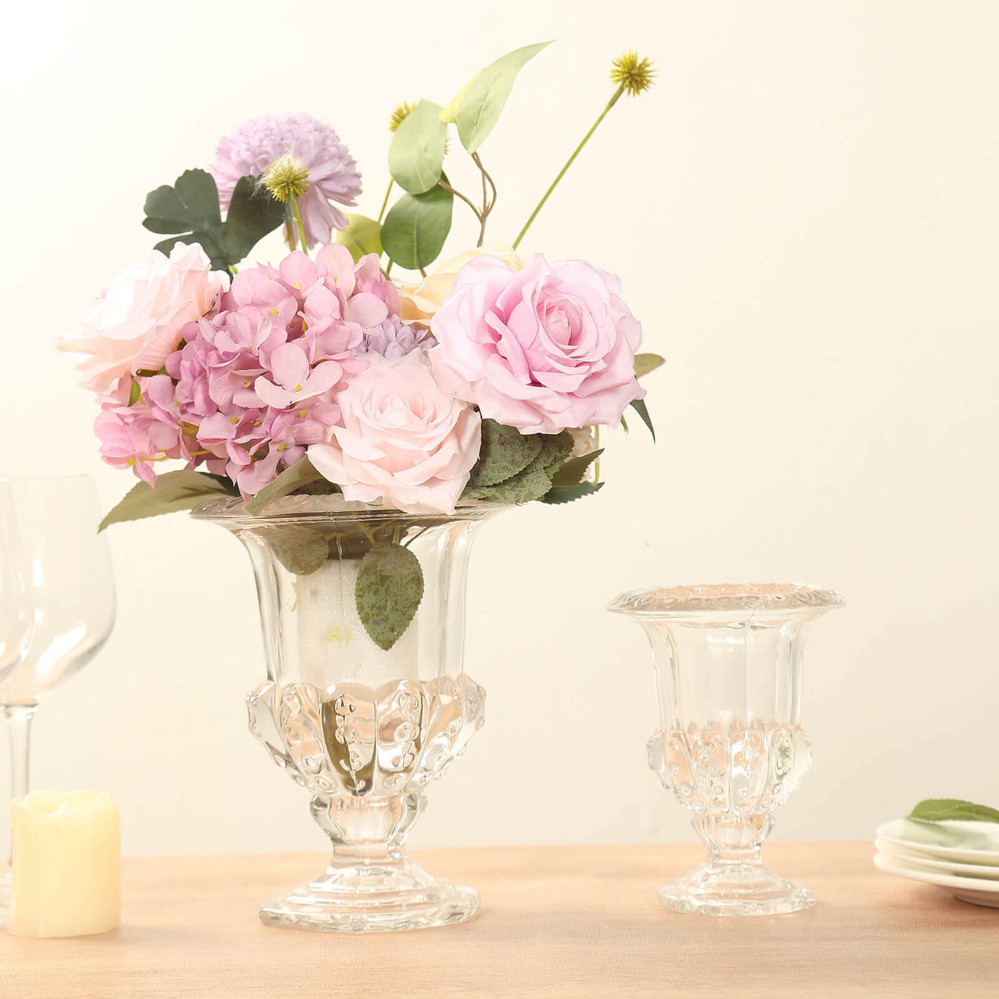 2-Pack Glass Mini Pedestal Flower Vases in Classic Roman Urn Style Clear - Sophisticated Wedding Table Centerpieces 8"
