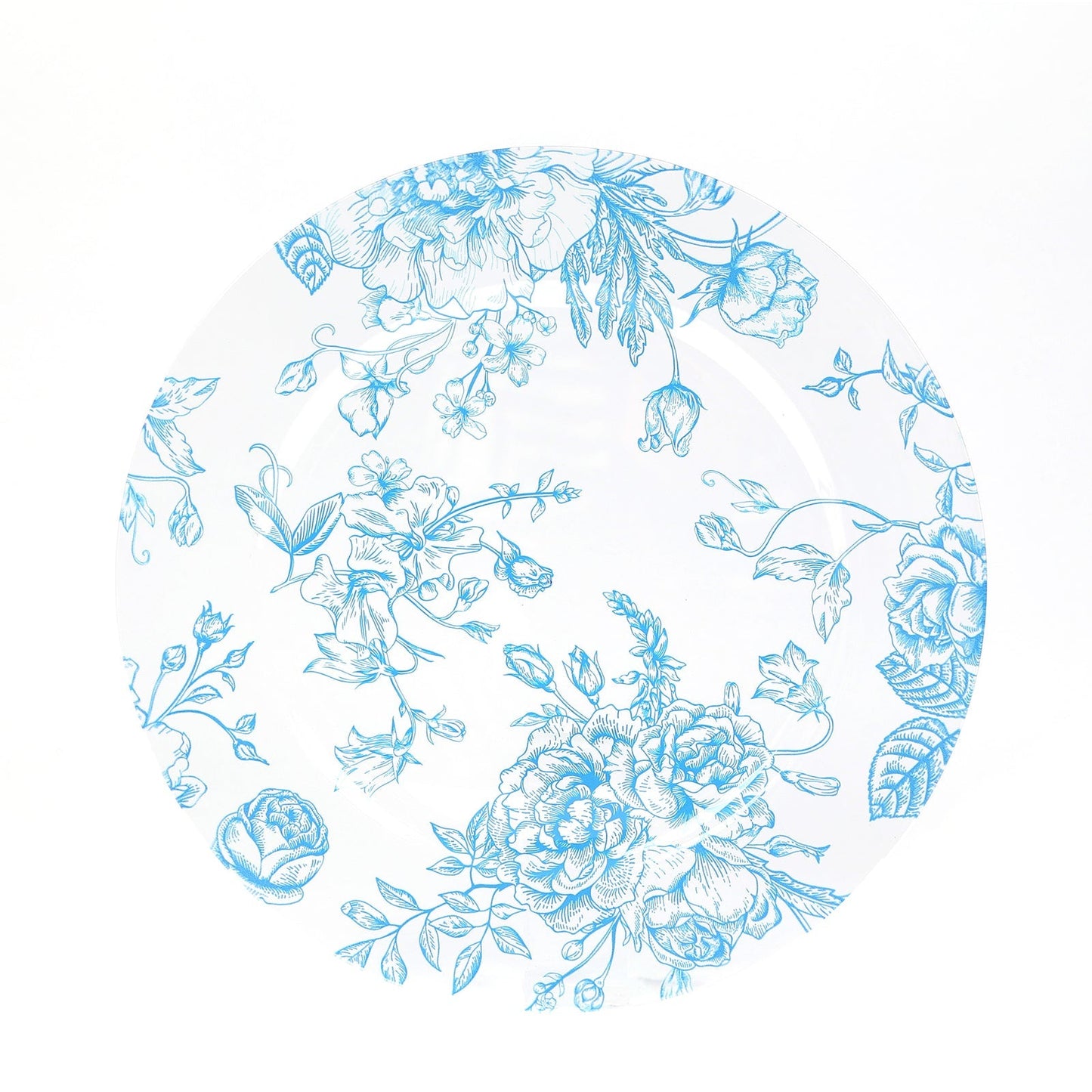 6 Pack Round Floral Acrylic Charger Plates in French Toile Pattern, 13" Clear Light Blue Dinner Charger Event Tabletop Decor