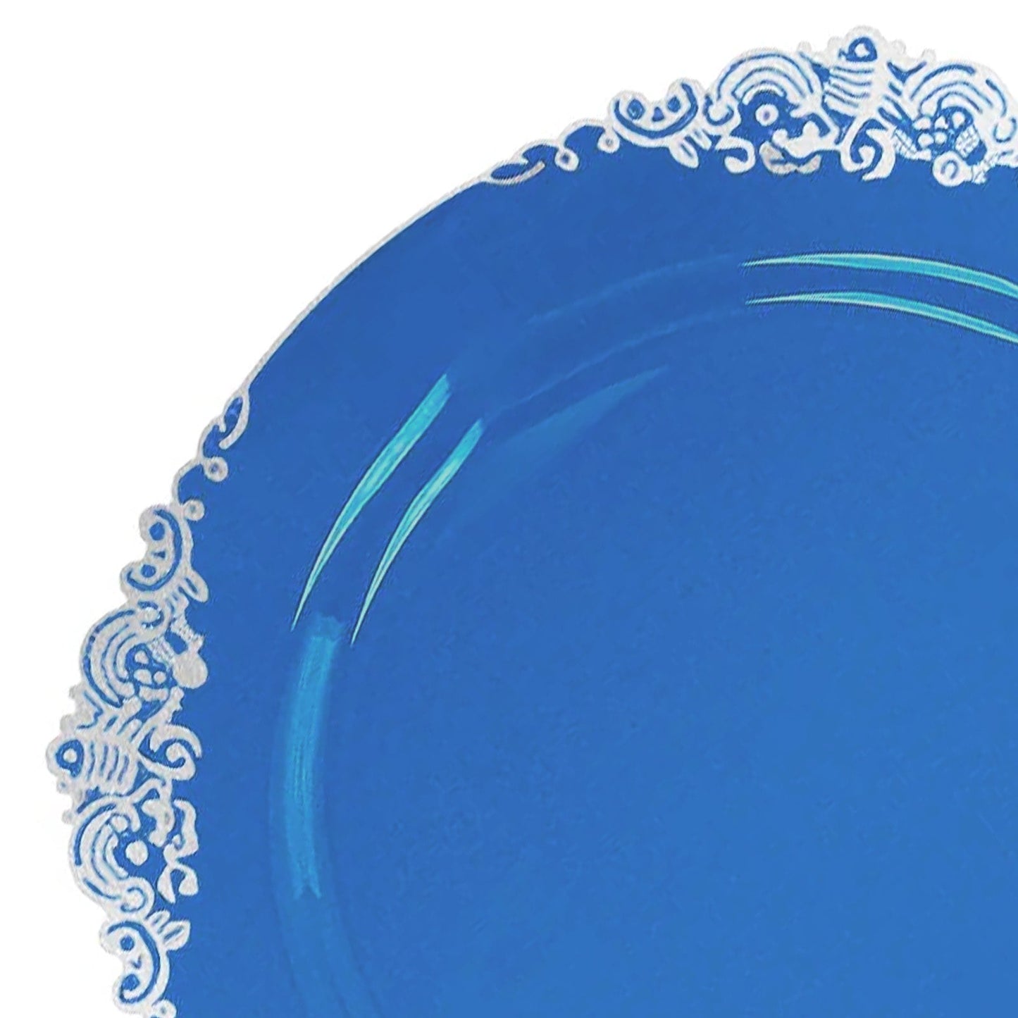 10-Pack Plastic 8" Round Dessert Plates in Transparent Navy Blue with Silver Leaf Embossed Rim - Disposable Vintage Baroque Style Salad Plates
