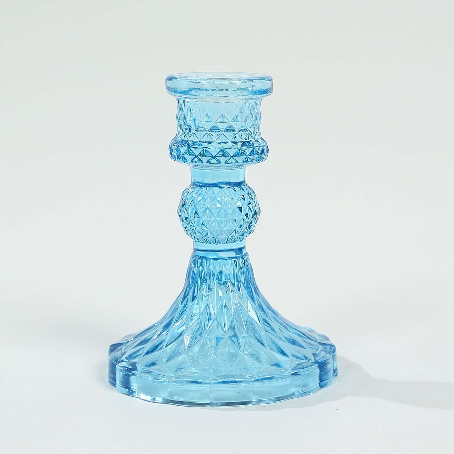 6-Pack Glass Taper Candlestick Holders Diamond Pattern Design Assorted Blue - Reversible Crystal Pillar Votive Stands 4"