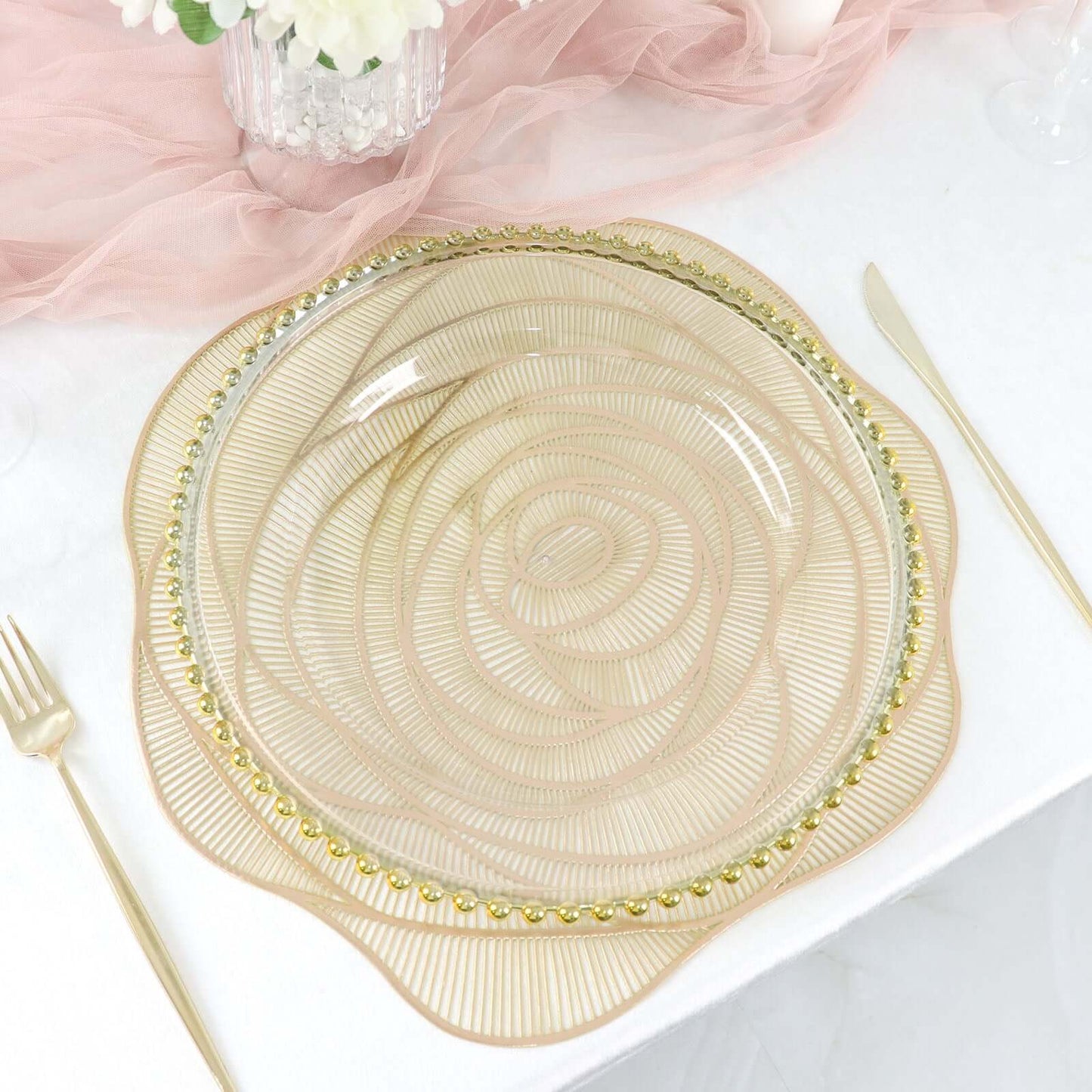 6-Pack Dining Table Mats Rose Flower Design Metallic Gold - Vinyl Round Non-Slip and Washable Table Mats 15"