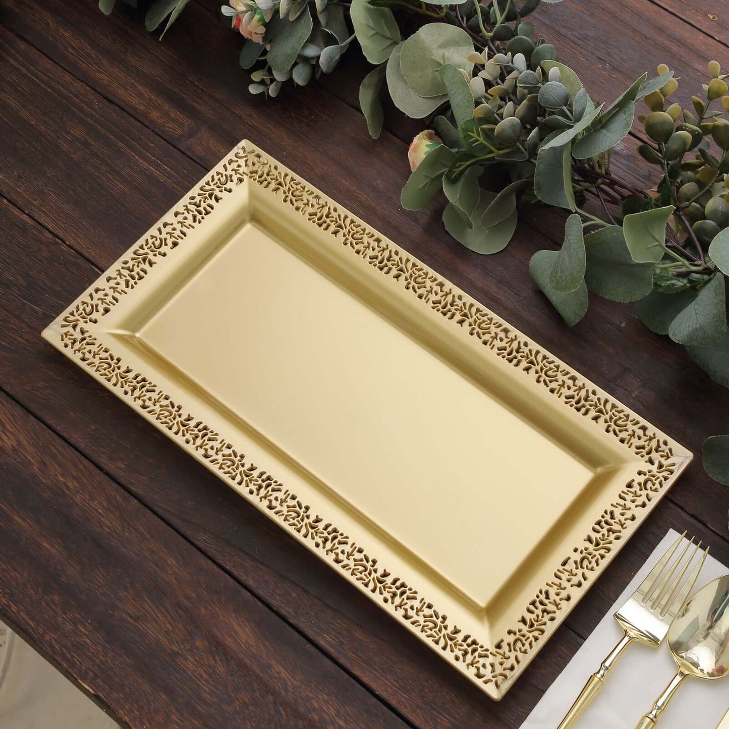4-Pack Plastic 14" Rectangle Serving Trays Gold with Lace Rim - Chic Decorative Table Tray Platters for Buffets Banquets Dinner Parties