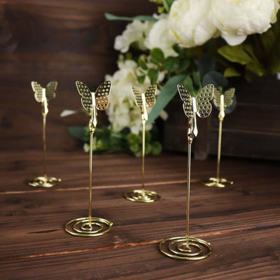 5-Pack Metal Place Card Holders Gold - Modern Table Number Stands with Whimsical Butterfly Clips & Spiral Base for Signs Memos Photos Menus 5"