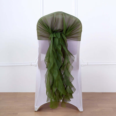 1 Set Chiffon Hoods Chair Sashes with Willow Ruffles Design Olive Green - Stylish Chair Bow Decor