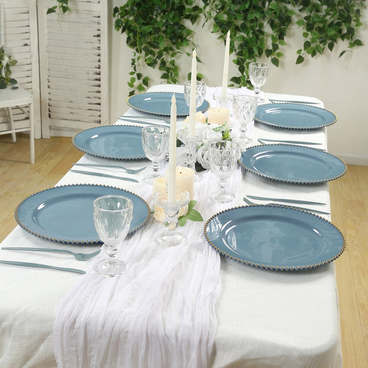 10-Pack Economy Round Plastic Charger Plates 13" in Dusty Blue with Gold Beaded Rim, Stylish Dinner Party Serving Plates