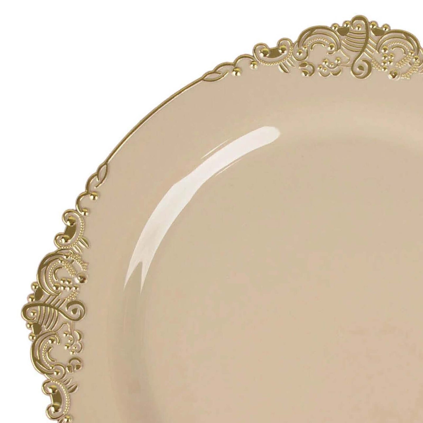 10-Pack Plastic 10" Round Dinner Plates in Taupe with Gold Leaf Embossed Rim - Disposable Vintage Baroque Style Plates