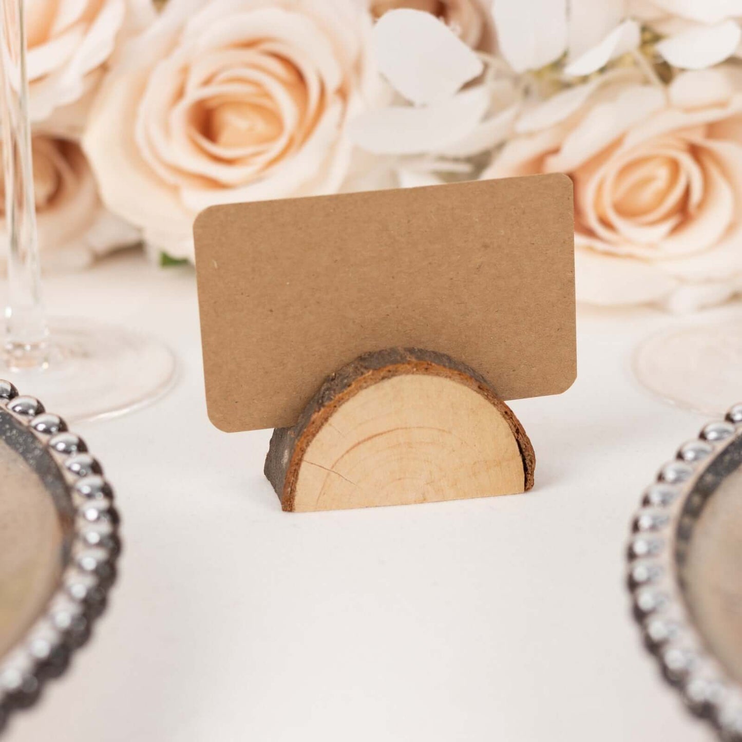 Set of 10 Wood Place Card Holders Rustic Semicircle Design Natural with Brown Paper - Wedding Table Number Display 2.5"
