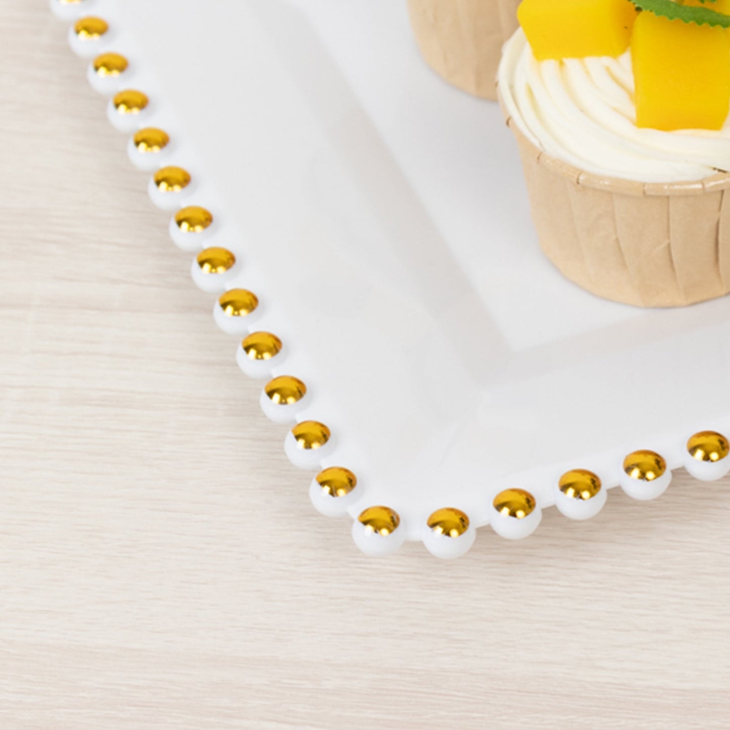 6-Pack Rectangular Acrylic Serving Trays White with Gold Beaded Rim - Food and Dessert Platters 9"x13"