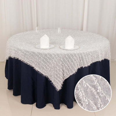 Polyester 72"x72" Table Overlay Square Tablecloth White Fringe Shag Design for Stylish Celebrations