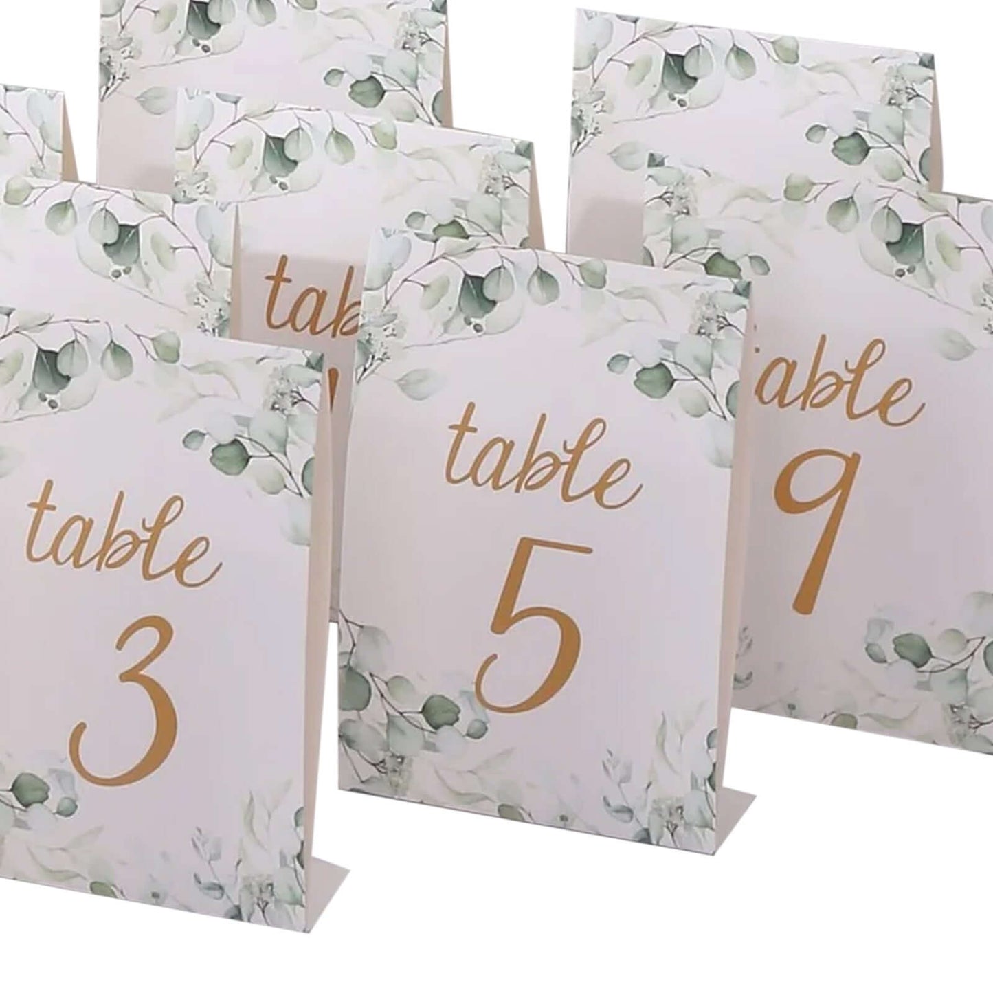 25-Pack Paper Wedding Table Numbers 1-25 White/Green Eucalyptus Leaves Design - Free Standing Double Sided Table Signs with Glam Gold Foil Numbers 7"