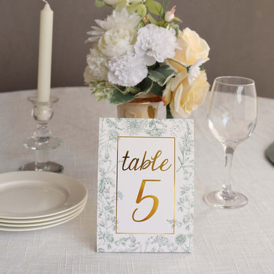 25-Pack Paper Wedding Table Numbers 1-25 White/Sage Green French Toile Design - Free Standing Double Sided Table Signs with Glam Gold Foil Numbers 7"