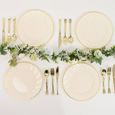 10-Pack Plastic 10" Round Dinner Plates in Ivory with Gold Flair Rim - Disposable Party Plates